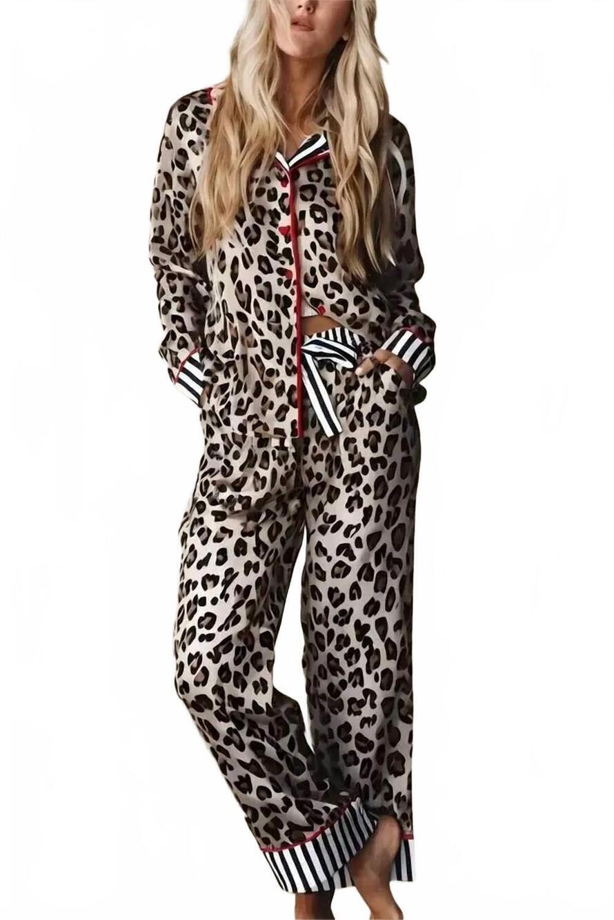 NEW UNKNOWN las striped edge shirt and pants pajama set in leopard